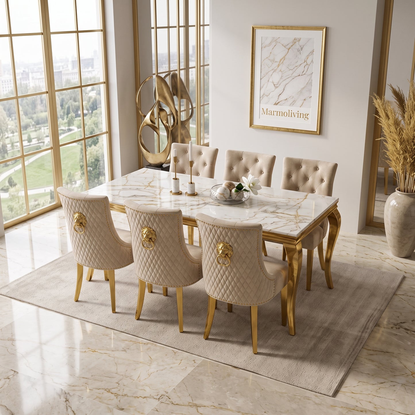 Louis White Gold Marble Dining Set with Majestic Mink Velvet Chairs with Gold Legs