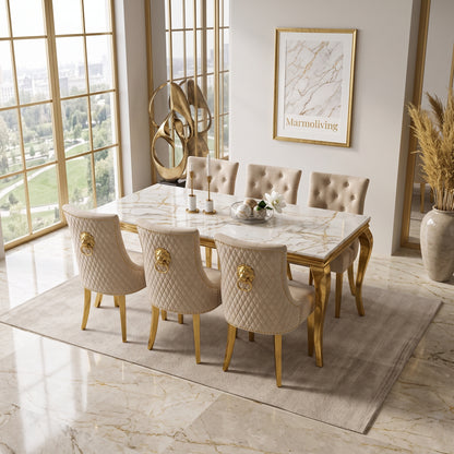 Louis White Gold Marble Dining Set with Majestic Mink Velvet Chairs with Gold Legs