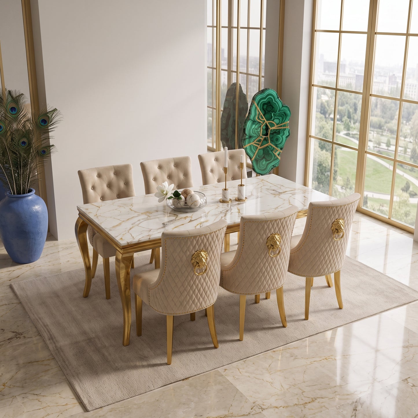Louis White Gold Marble Dining Set with Majestic Mink Velvet Chairs with Gold Legs