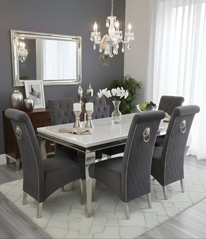 Louis white marble dining table with Sofia grey velvet chairs
