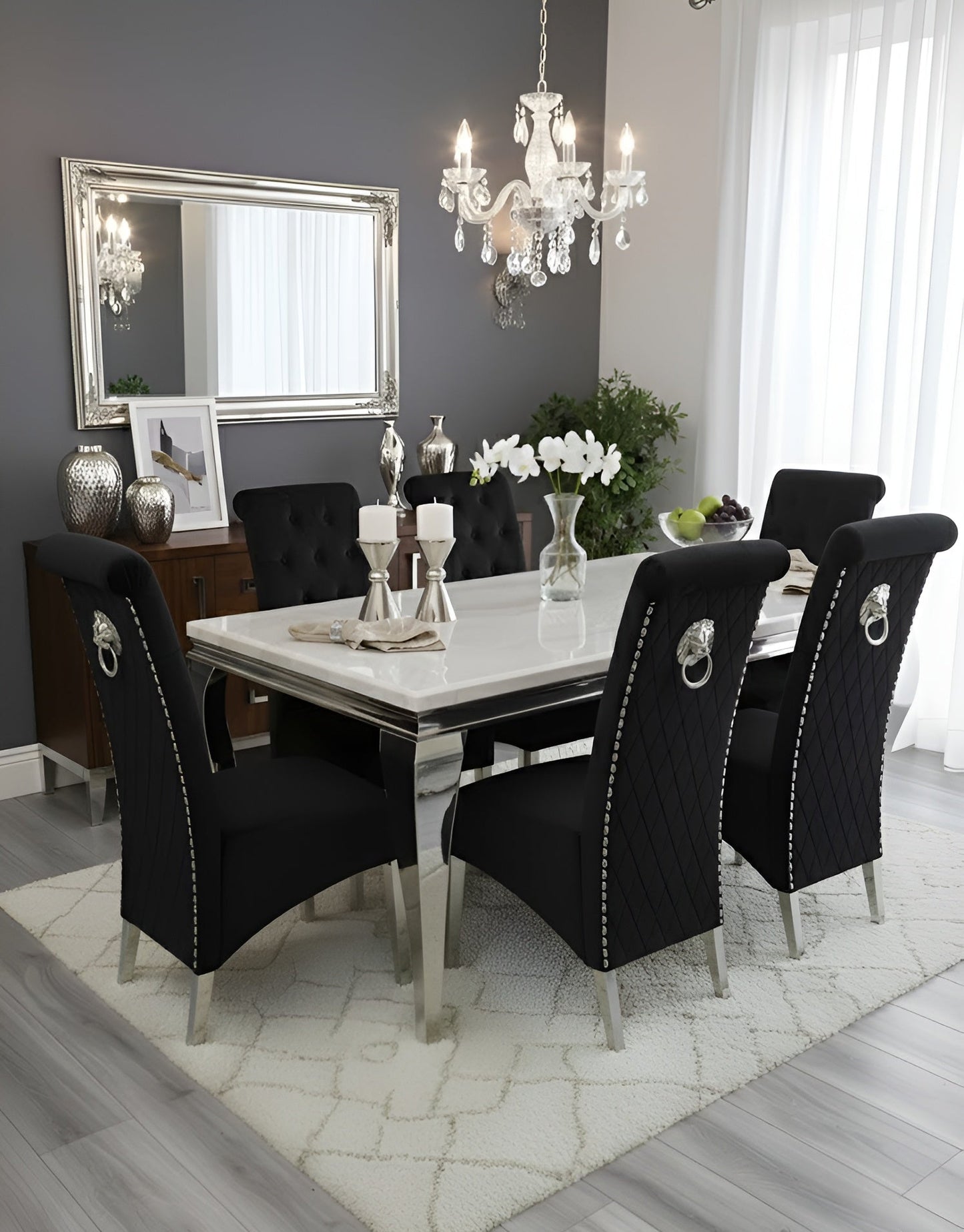 Louis white marble dining table with Sofia black velvet chairs