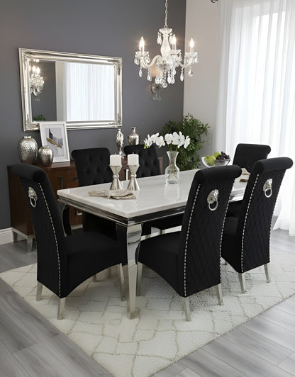 Louis white marble dining table with Sofia black velvet chairs