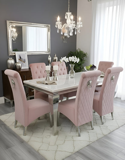 Louis white marble dining table with Sofia pink velvet chairs