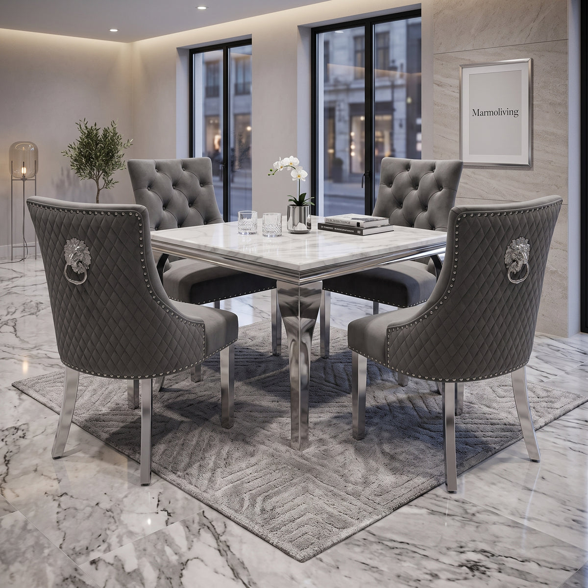 Louis White Marble Square Dining Set with Majestic Dark Grey Velvet Chairs
