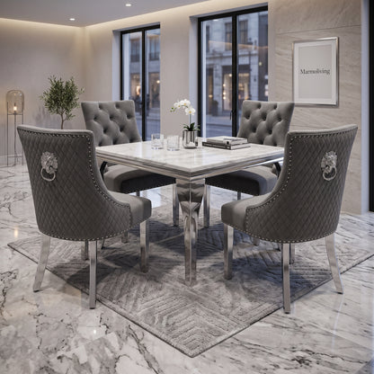 Louis White Marble Square Dining Set with Majestic Dark Grey Velvet Chairs