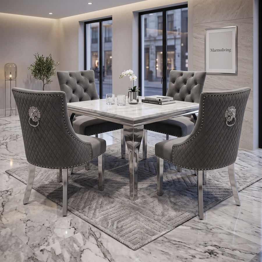 Louis White Marble Square Dining Set with Majestic Dark Grey Velvet Chairs