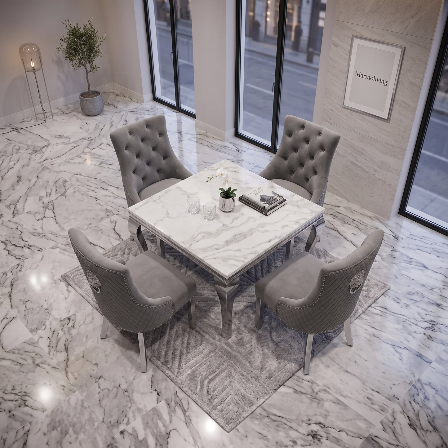 Louis White Marble Square Dining Set with Majestic Dark Grey Velvet Chairs