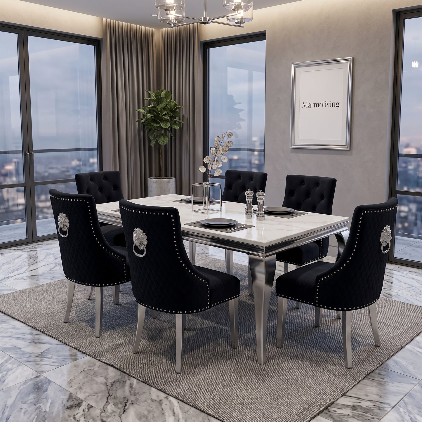 Louis White Marble Dining Set with Majestic Black Velvet Chairs