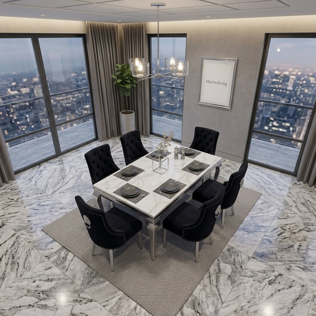 Louis White Marble Dining Set with Majestic Black Velvet Chairs