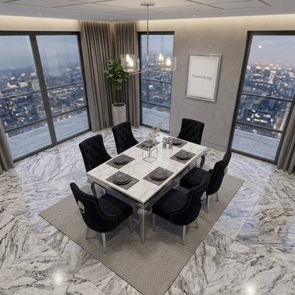 Louis White Marble Dining Set with Majestic Black Velvet Chairs