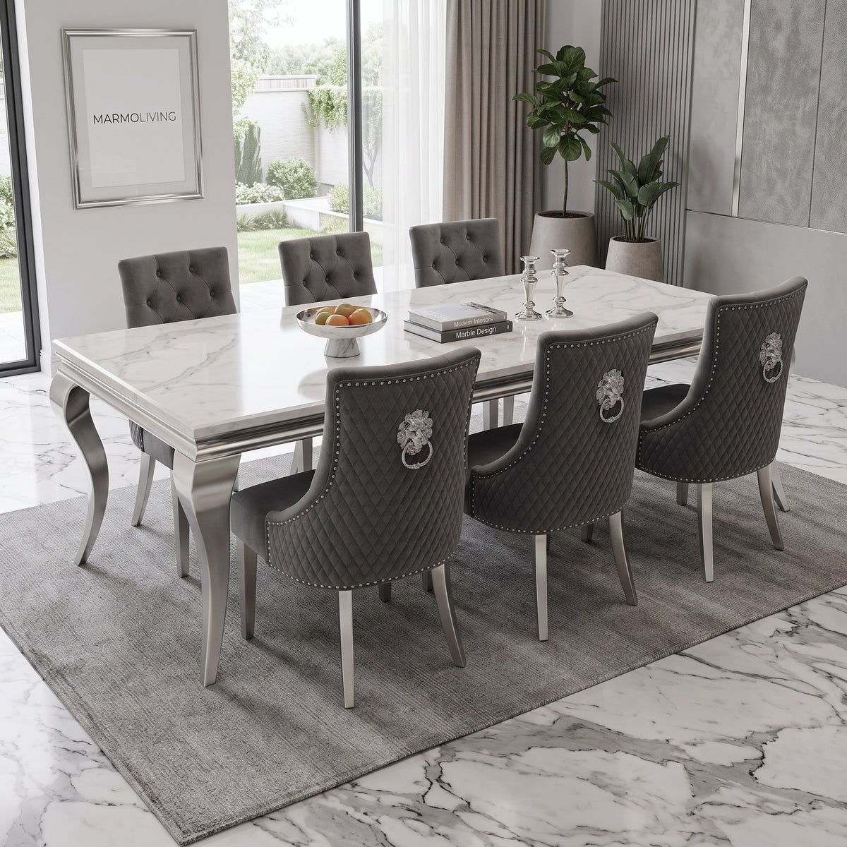 Louis White Marble Dining Set with Majestic Dark Grey Velvet Chairs
