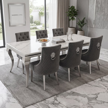 Louis White Marble Dining Set with Majestic Dark Grey Velvet Chairs