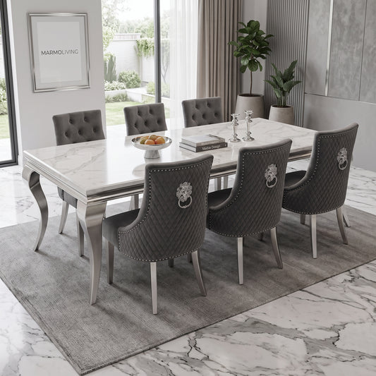 Louis White Marble Dining Set with Majestic Dark Grey Velvet Chairs
