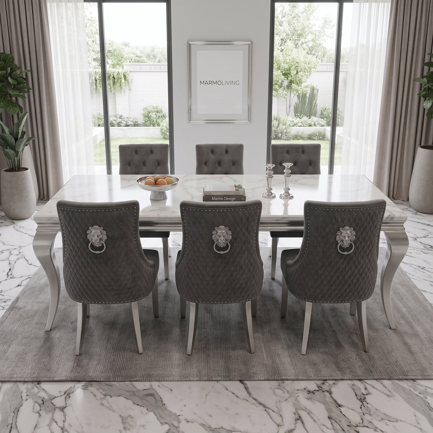 Louis White Marble Dining Set with Majestic Dark Grey Velvet Chairs
