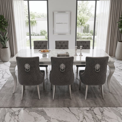 Louis White Marble Dining Set with Majestic Dark Grey Velvet Chairs