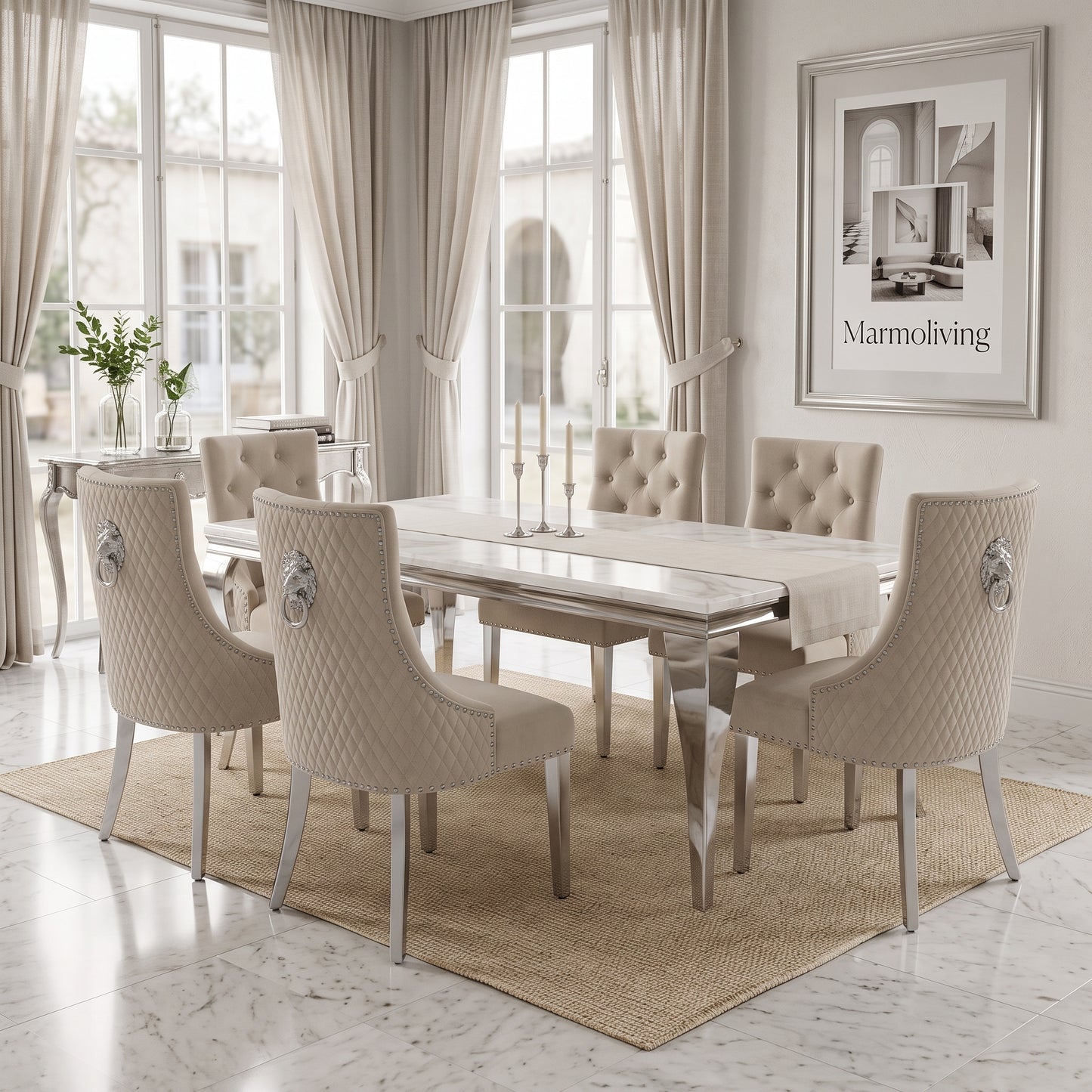 Louis White Marble Dining Set with Majestic Mink Velvet Chairs