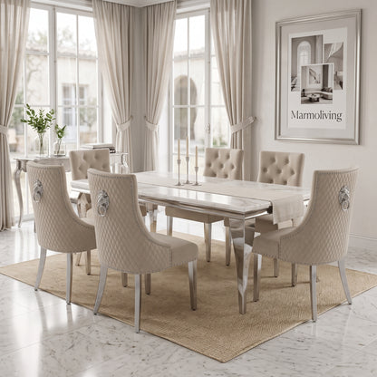 Louis White Marble Dining Set with Majestic Mink Velvet Chairs