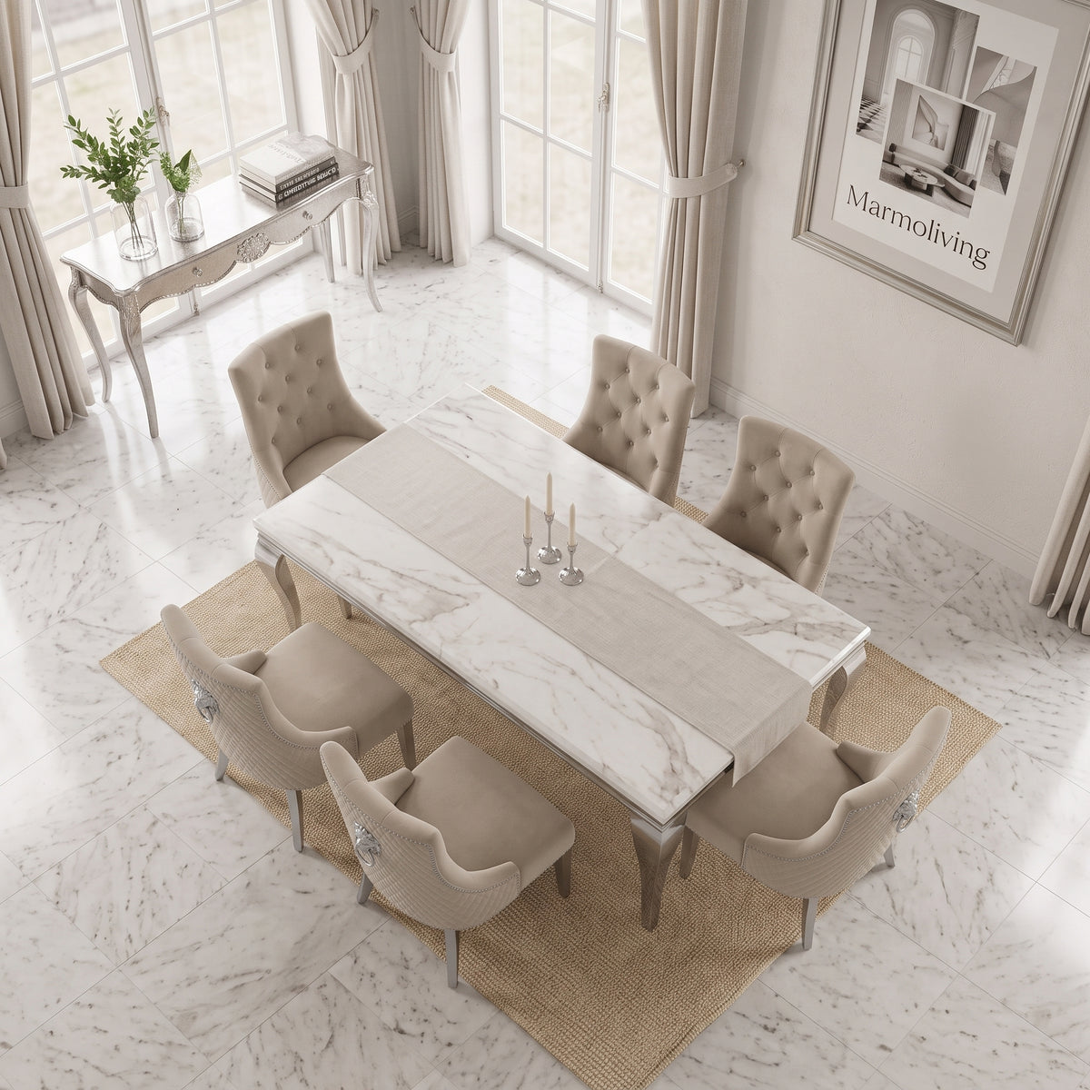 Louis White Marble Dining Set with Majestic Mink Velvet Chairs
