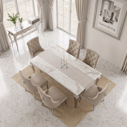 Louis White Marble Dining Set with Majestic Mink Velvet Chairs