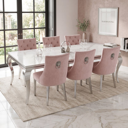Louis White Marble Dining Set with Majestic Pink Velvet Chairs