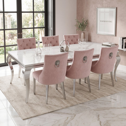 Louis White Marble Dining Set with Majestic Pink Velvet Chairs
