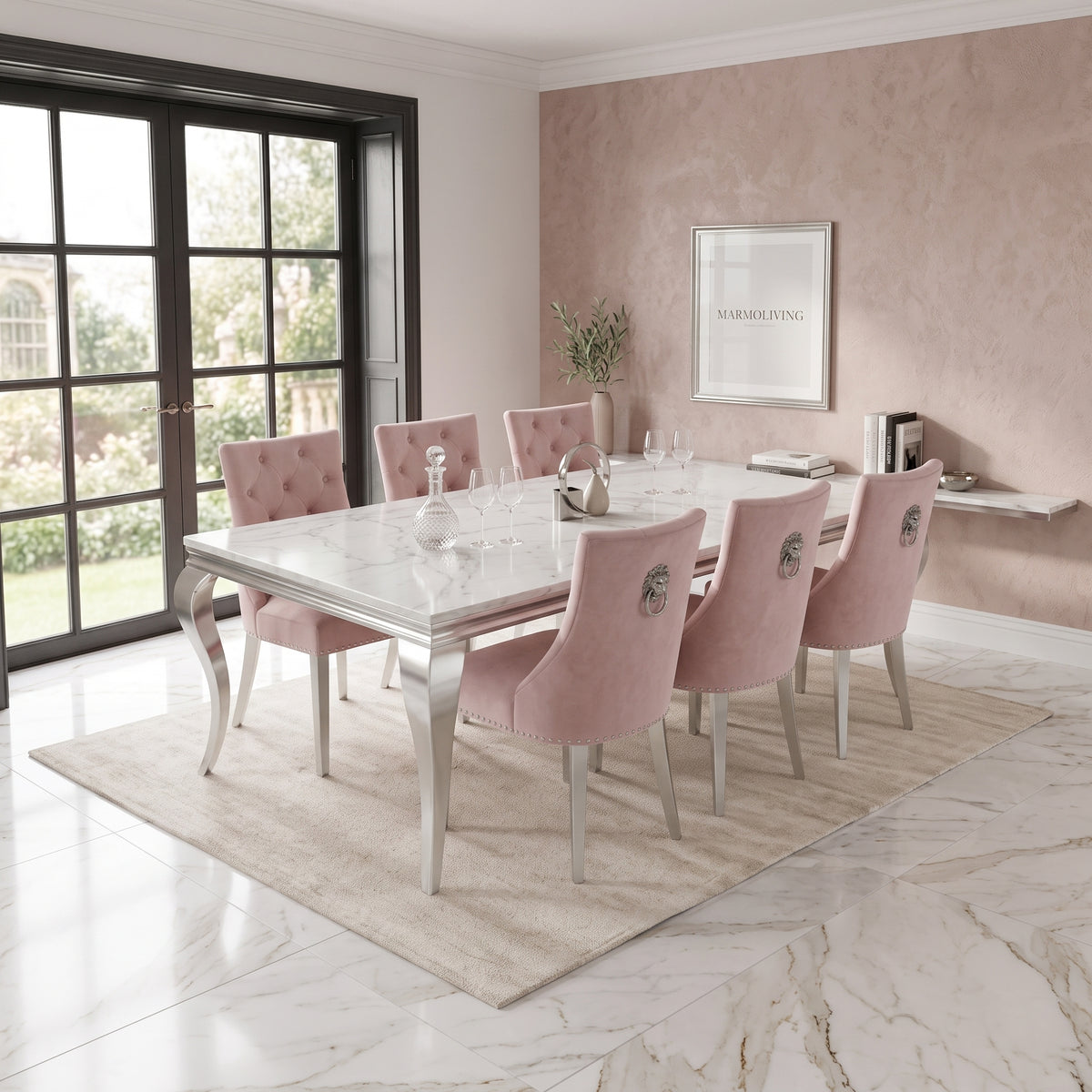 Louis White Marble Dining Set with Majestic Pink Velvet Chairs