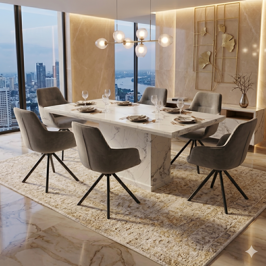 MB white marble 1.5m dining table with Amalfi dining chairs