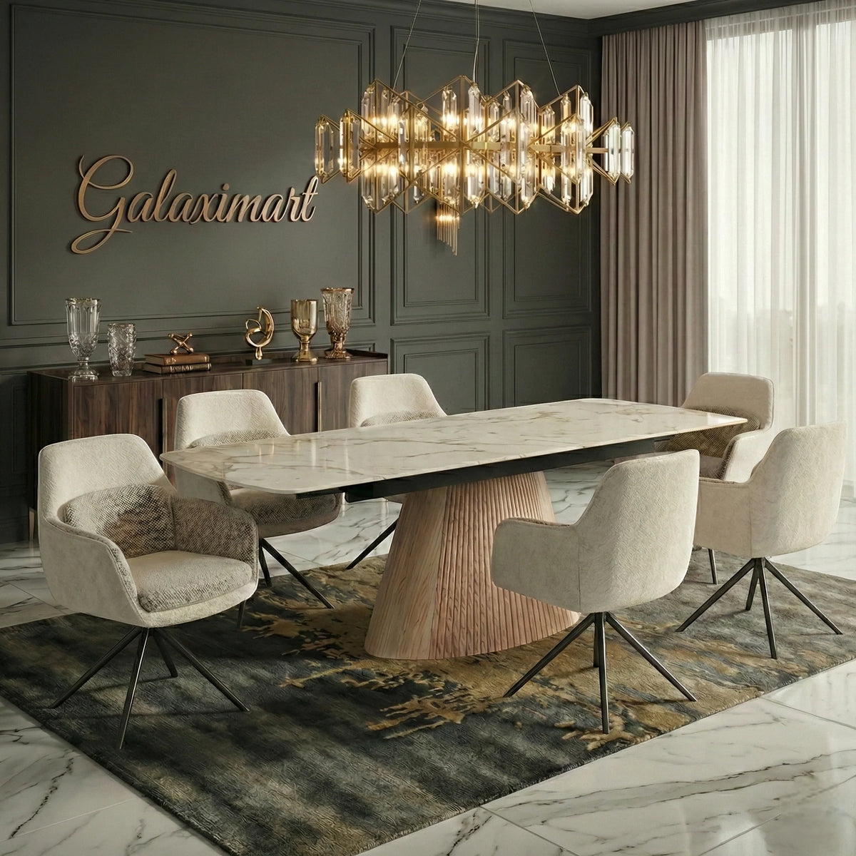 Monaco Beige Extendable Dining Set with Florence Beige Swivel Chairs - room scene
