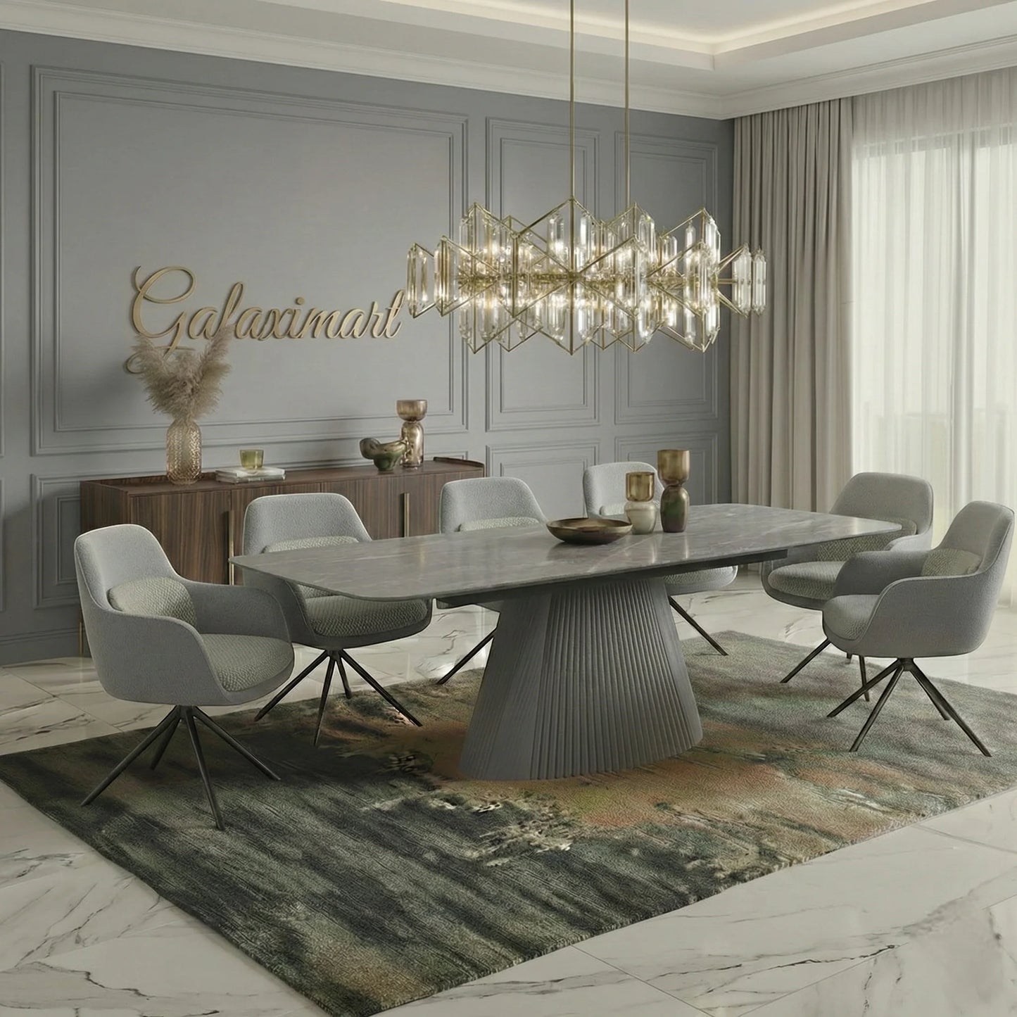 Monaco Grey Extendable Dining Set with Florence Grey Swivel Chairs - room scene