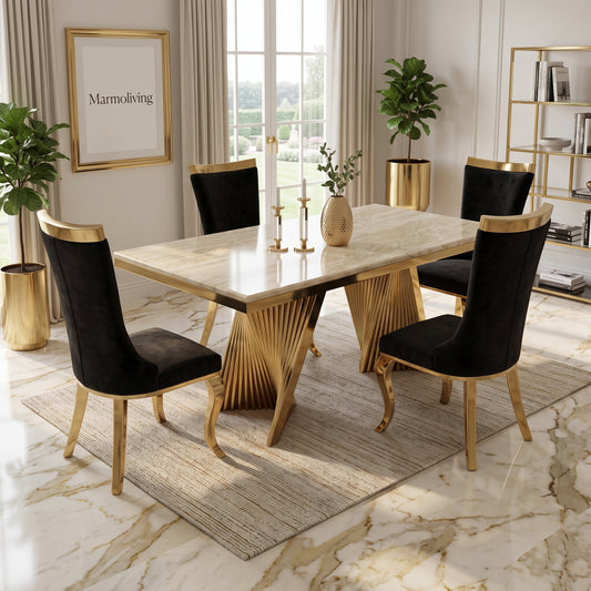Rovello Cream Marble Dining Set with Miami Black & Gold Chairs