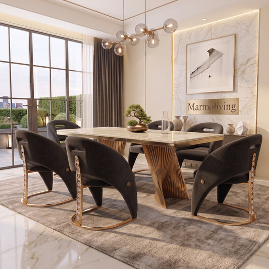 Rovello Cream Marble Dining Set with Carpi Black Velvet Chairs