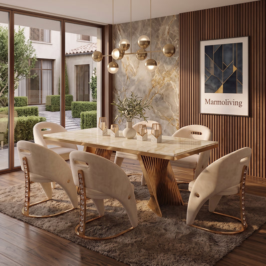 Rovello Cream Marble Dining Set with Carpi Cream Velvet Chairs