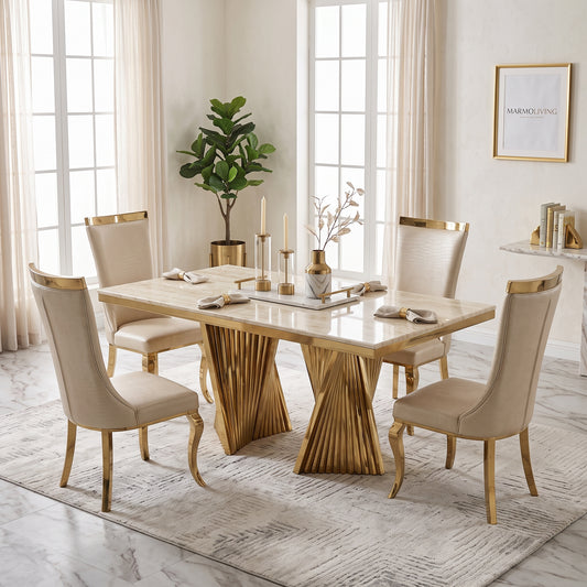 Rovello Cream Marble Dining Set with Miami Mink & Gold Chairs