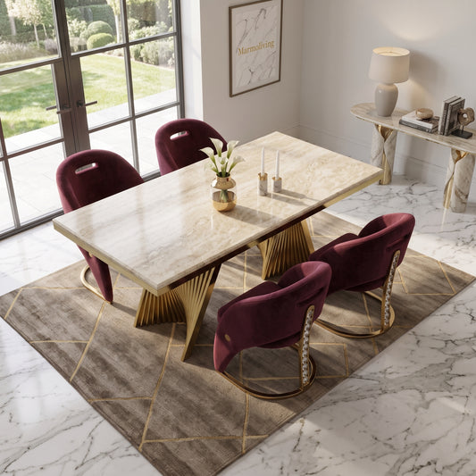 Rovello Cream Marble Dining Set with Carpi Maroon Velvet Chairs
