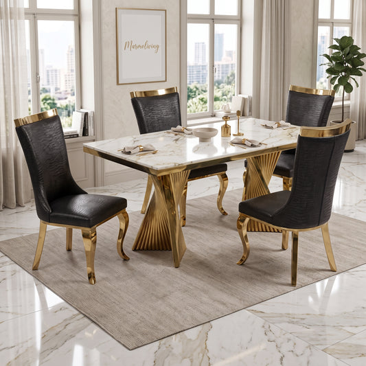 Rovello White & Gold Marble Dining Set with Miami Black & Gold Chairs