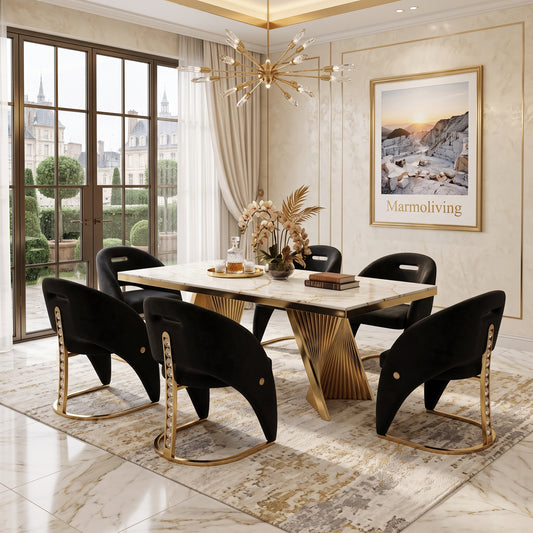 Rovello White & Gold Marble Dining Set with Carpi Black Velvet Chairs