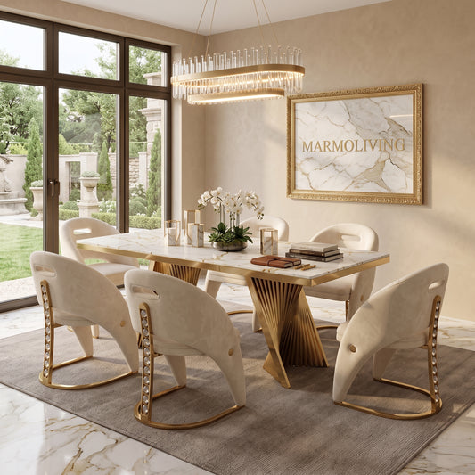 Rovello White & Gold Marble Dining Set with Carpi Cream Velvet Chairs