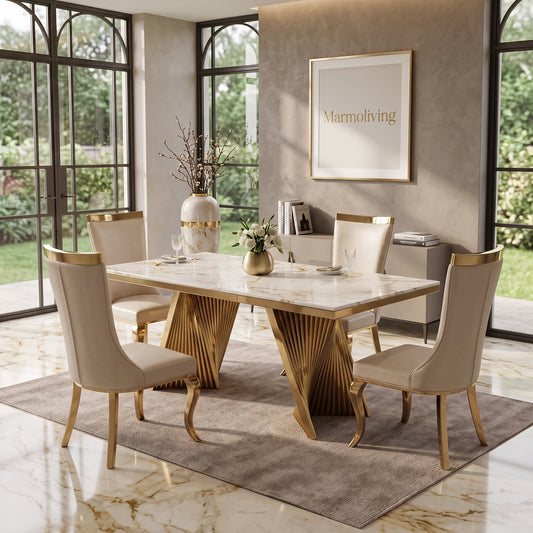 Rovello White & Gold Marble Dining Set with Miami Mink & Gold Chairs