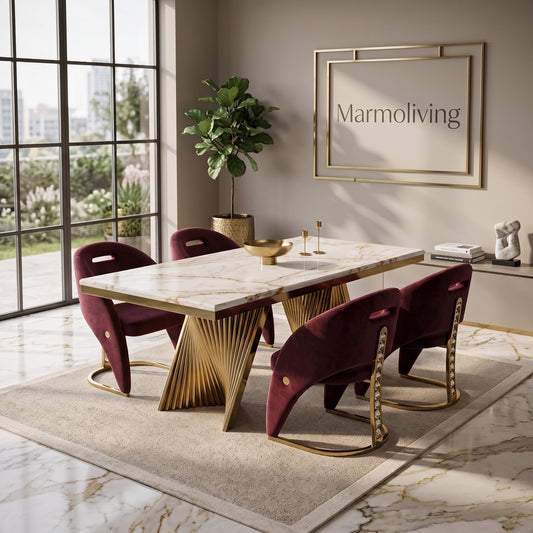 Rovello White & Gold Marble Dining Set with Carpi Maroon Velvet Chairs