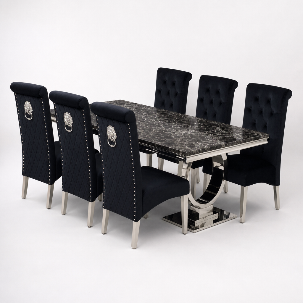 Ariana Black Marble Dining Set with Lucy Black Velvet Chairs - studio