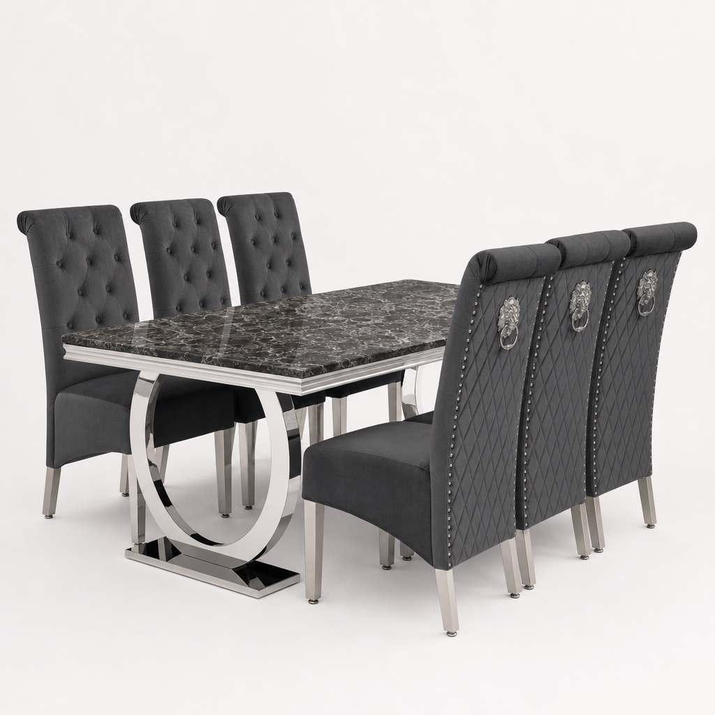 Ariana Black Marble Dining Set with Lucy Dark Grey Velvet Chairs - studio