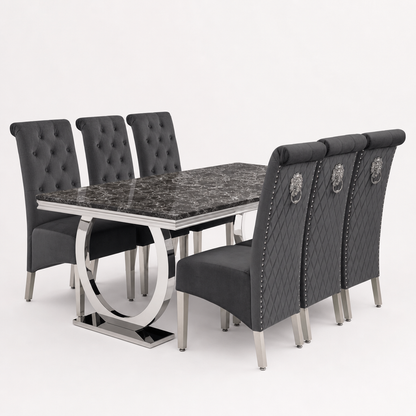 Ariana Black Marble Dining Set with Lucy Dark Grey Velvet Chairs - studio