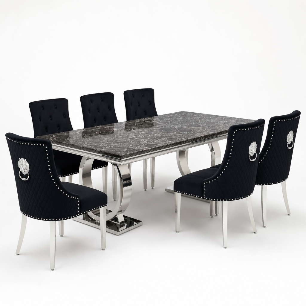 Ariana Black Marble Dining Set with Majestic Black Velvet Chairs - studio