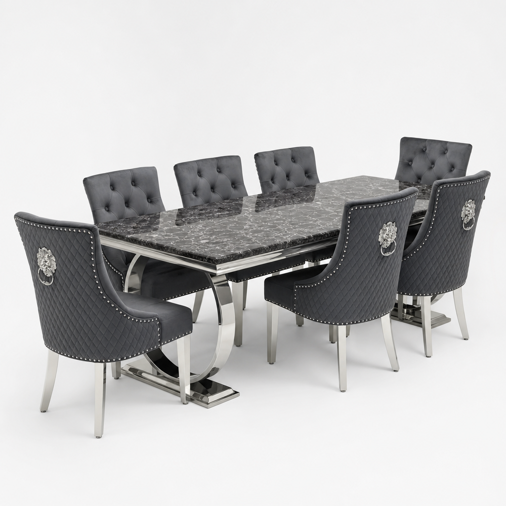 Ariana Black Marble Dining Set with Majestic Dark Grey Velvet Chairs - studio