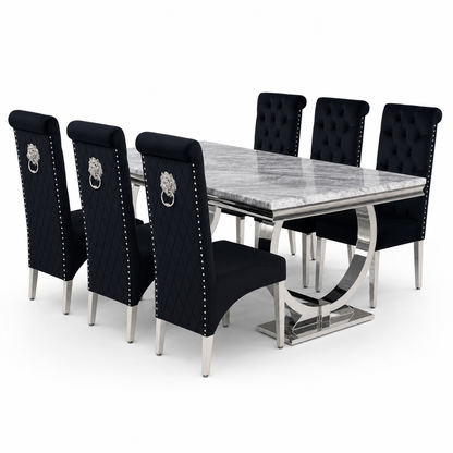Ariana Grey Marble Dining Set with Lucy Black Velvet Chairs - studio