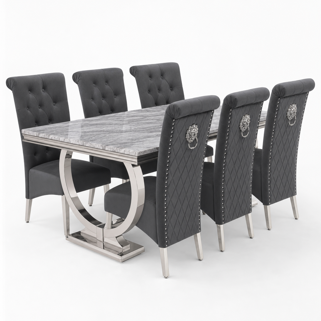 Ariana Grey Marble Dining Set with Lucy Dark Grey Velvet Chairs - studio