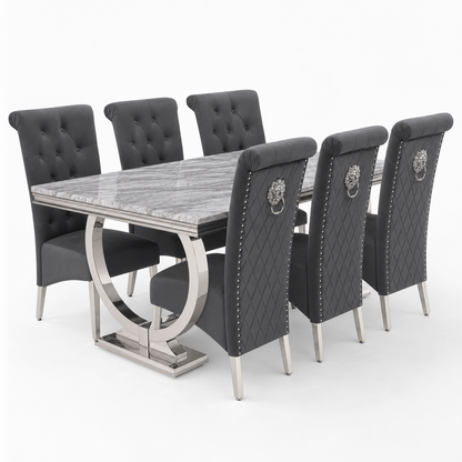 Ariana Grey Marble Dining Set with Lucy Dark Grey Velvet Chairs - studio