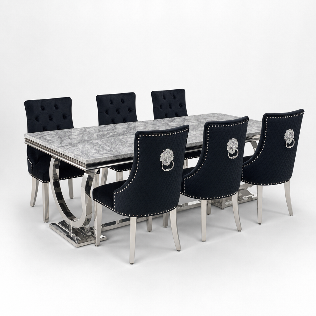 Ariana Grey Marble Dining Set with Majestic Black Velvet Chairs - studio