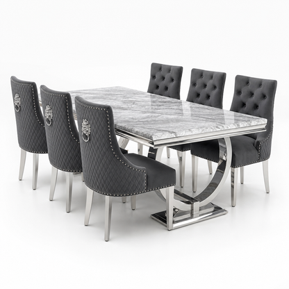 Ariana Grey Marble Dining Set with Majestic Dark Grey Velvet Chairs - studio