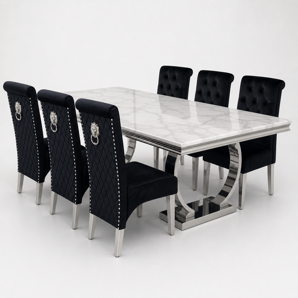 Ariana White Marble Dining Set with Lucy Black Velvet Chairs - studio